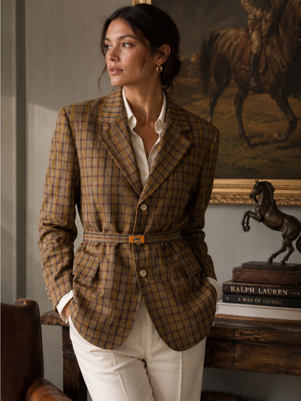 Vintage 1973 Hong Kong Plaid Belted Blazer Equestrian Jacket